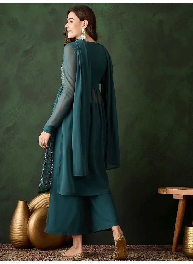 AKS  Teal Green Nyra Cut Sequinned Kurta Set for Women | Best Price UAE