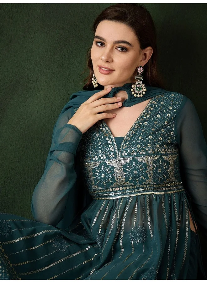 أيه كيه إس Teal Green Nyra Cut Sequinned Kurta Set
