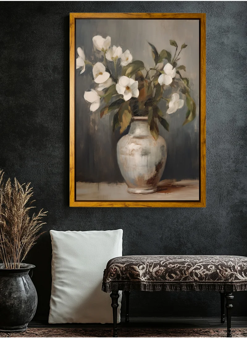 LOWHA Canvas Wall Art Stretched Over Wooden Frame with Wooden Color Floating Frame and Vintage Style Flowers Vase Painting