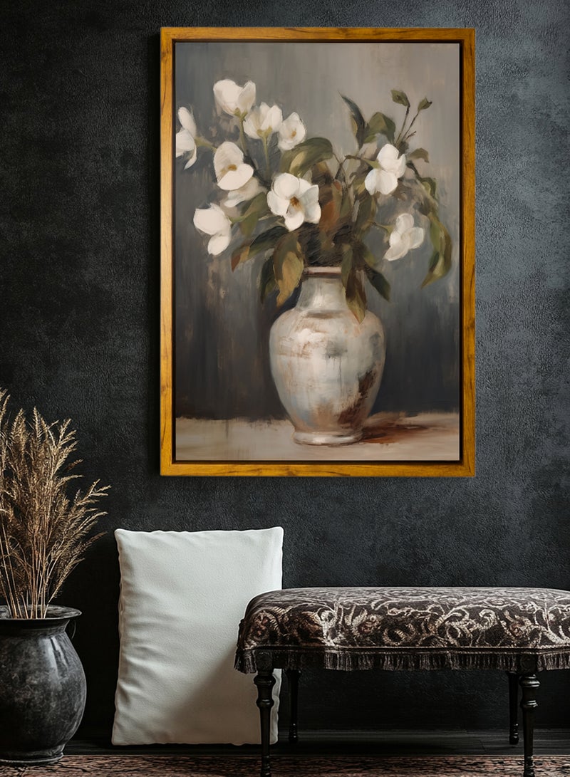 LOWHA Canvas Wall Art Stretched Over Wooden Frame with Wooden Color Floating Frame and Vintage Style Flowers Vase Painting - Image 1
