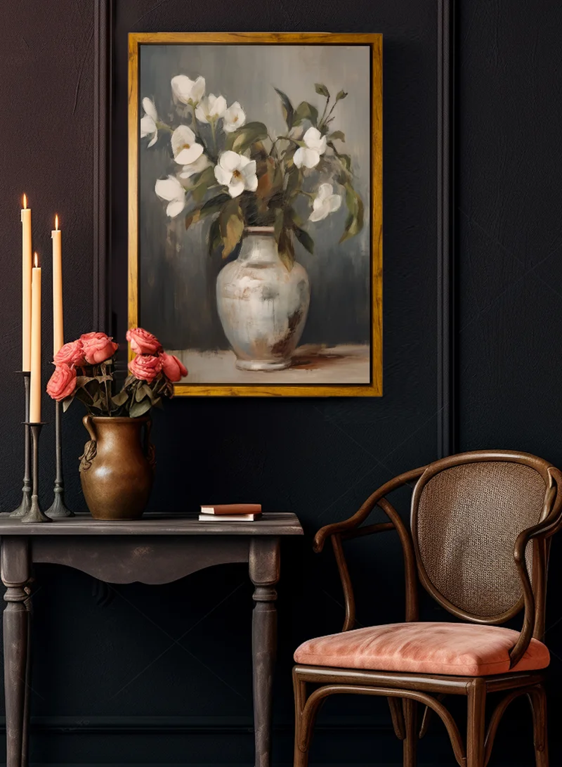 LOWHA Canvas Wall Art Stretched Over Wooden Frame with Wooden Color Floating Frame and Vintage Style Flowers Vase Painting
