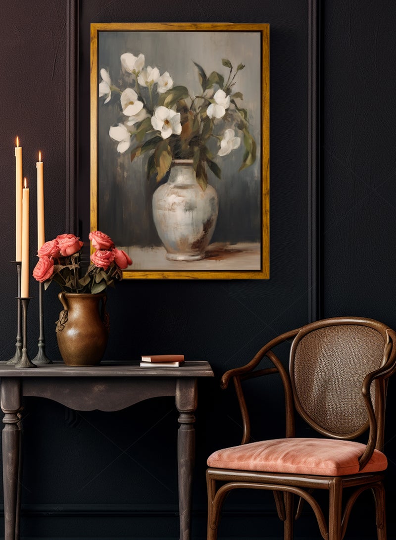 LOWHA Canvas Wall Art Stretched Over Wooden Frame with Wooden Color Floating Frame and Vintage Style Flowers Vase Painting - Image 3