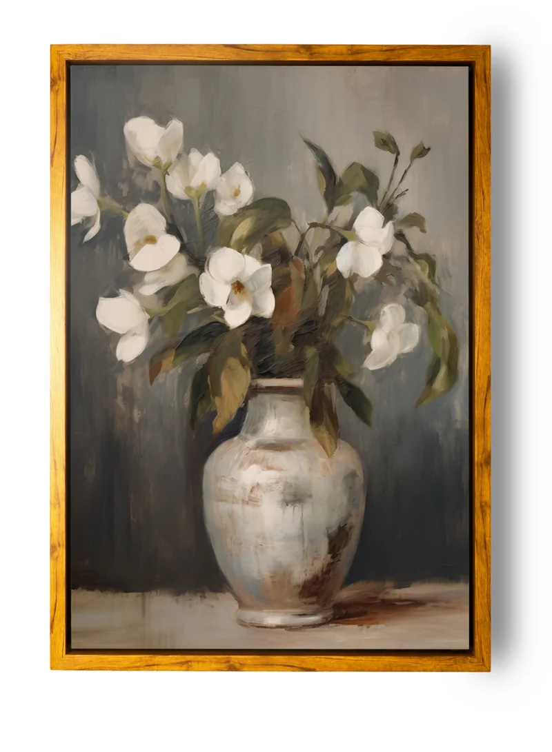 LOWHA Canvas Wall Art Stretched Over Wooden Frame with Wooden Color Floating Frame and Vintage Style Flowers Vase Painting