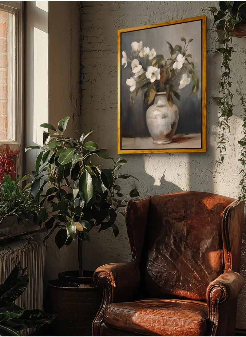 LOWHA Canvas Wall Art Stretched Over Wooden Frame with Wooden Color Floating Frame and Vintage Style Flowers Vase Painting