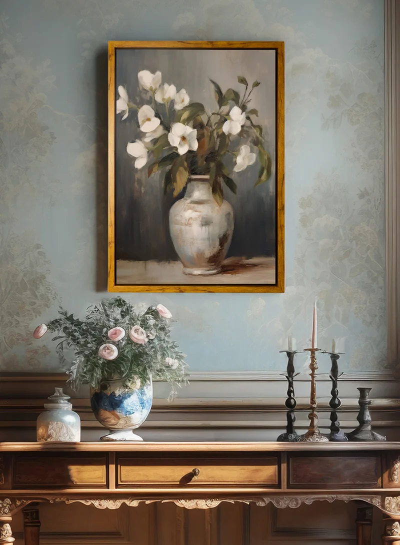 LOWHA Canvas Wall Art Stretched Over Wooden Frame with Wooden Color Floating Frame and Vintage Style Flowers Vase Painting