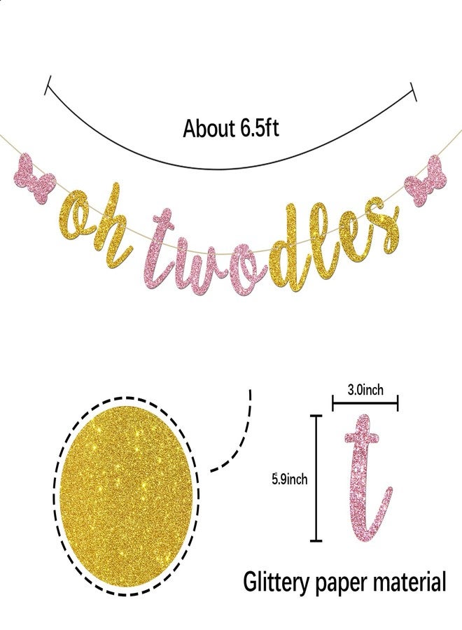 INNORU Oh Twodles Banner - Happy 2nd Birthday Party Decor for Girls - Cartoon Mouse Theme 2nd Birthday Party Decorations Supplies, Pink & Gold Glitter - Image 2