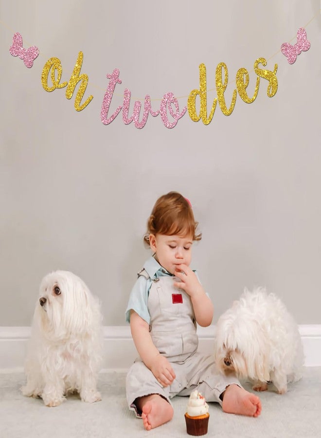 INNORU Oh Twodles Banner - Happy 2nd Birthday Party Decor for Girls - Cartoon Mouse Theme 2nd Birthday Party Decorations Supplies, Pink & Gold Glitter - Image 3