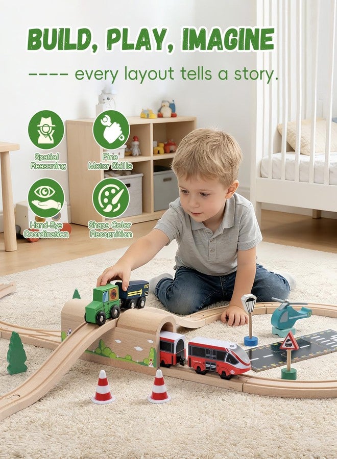 Payarma Wooden Train Track Bridge & Tunnel Set, Railway Expansion Kit with Ascending & Descending Ramp Tracks, Compatible with Major Wooden Train Systems, for Kids Creative Play and Learning - Image 5