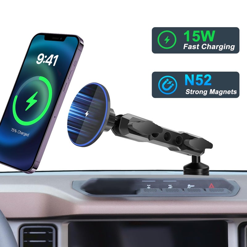 ZKJAYOE Phone Mount Holder for Ford Bronco 2021 2022 2023 2024 2025 2026 2/4 Door,Magnetic Wireless Charging,Magsafe Charger for Ford Bronco, for Ford Bronco Accessory with 5-Foot Cable (Not for Bronco Sport) - Image 2