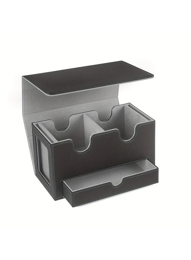 Black Gray Magnetic Closure Faux MTG Card Box with Deck Tray and Accessory Drawer - Image 1