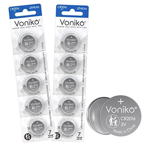 Voniko CR2016 3V Lithium Batteries 10 Pack for Child Safety, Compatible with Remotes, Key Fobs, Glucose Monitors - 7 Years Shelf Life - Image 1