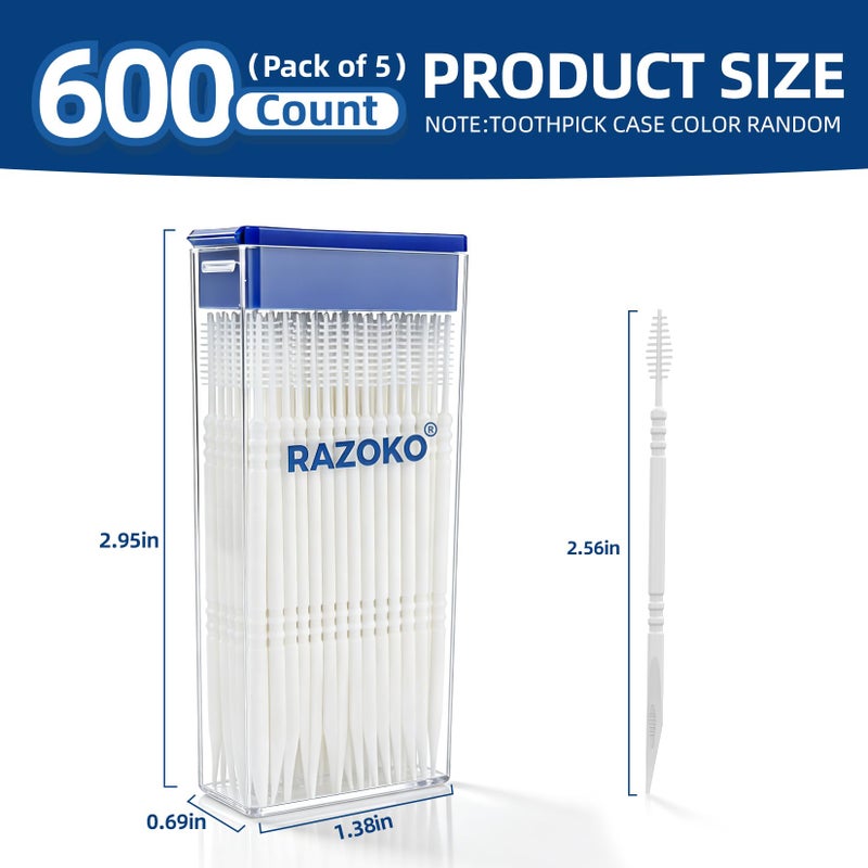 RAZOKO Interdental Toothpicks,Total 600 Count (5 Packs) Disposable Oral Pick,Food-Grade Plastic Interdental Cleaner with Portable Case for Travel & Home - Image 2