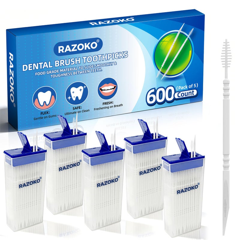 RAZOKO Interdental Toothpicks,Total 600 Count (5 Packs) Disposable Oral Pick,Food-Grade Plastic Interdental Cleaner with Portable Case for Travel & Home - Image 1
