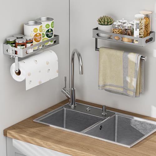 GAGUIUP Stylish Kitchen Paper Towel Holder with Shelf - Adhesive Hand Towel Holder for Bathroom Wall Mount, Rust-Resistant Matte Grey Finish for RV Toilet Paper Holder Rack, Easy One-Handed Operation Design - Image 3