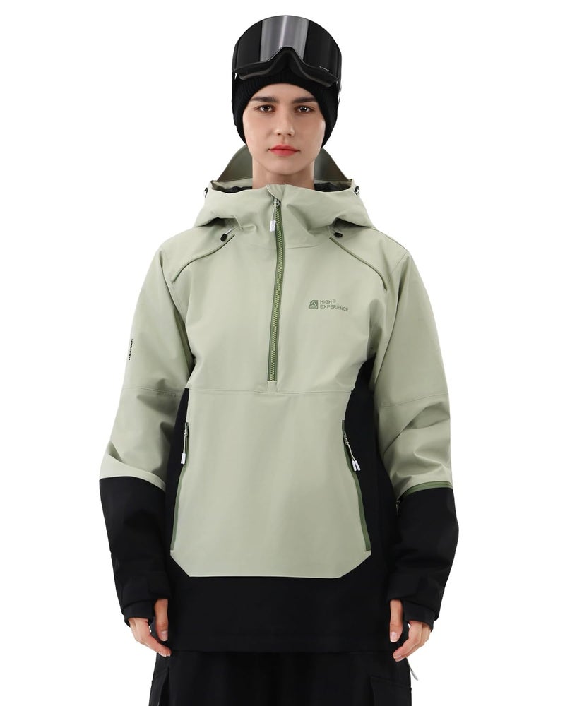HIGH EXPERIENCE Ski Jacket Women with Recco 3L Snowboard Anorak Pullover Baggy Coat Hooded Insulated Hoodie Waterproof Warm US Alpha Medium Regular Regular Matcha Green Black - Image 2