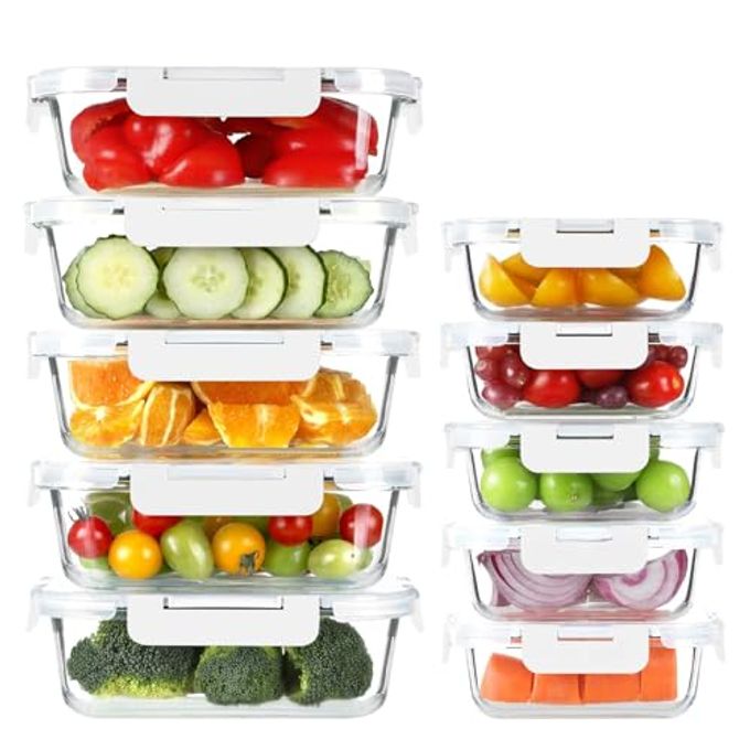 BAYZZ 10 Pack Glass Meal Prep Containers, Glass Food Storage Containers with Lids, Airtight Lunch Box, Freezer,Oven,Microwave and Dishwasher Safe,White