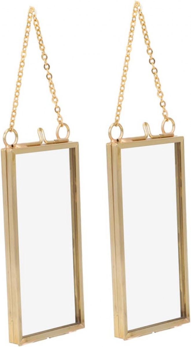 Zerodeko 2pcs Hanging Pressed Flower Frames 5x10cm Vertical Brass Glass Wall Display Photo Picture Frames for Home Décor and Artwork - Image 1