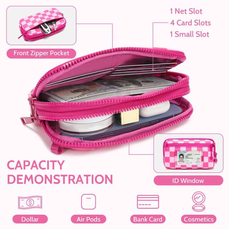 FODOKO Wristlet wallets for women Nylon Quilted Wallet Dopamine with 4 Zippers,Travel Credit Card,Holder Cell Phone Organizer,coin purse (rose red) - Image 4