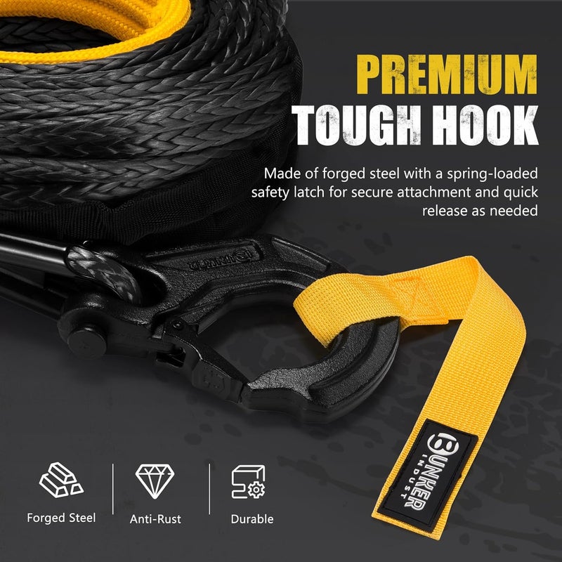 BUNKER INDUST حبل ونش صناعي + حلقة D + خطاف ونش، 100 قدم × 3/8" 26500 رطل مجموعة استبدال كابل الونش مع غلاف واقي للشاحنة، جيب للطرق الوعرة - Image 4