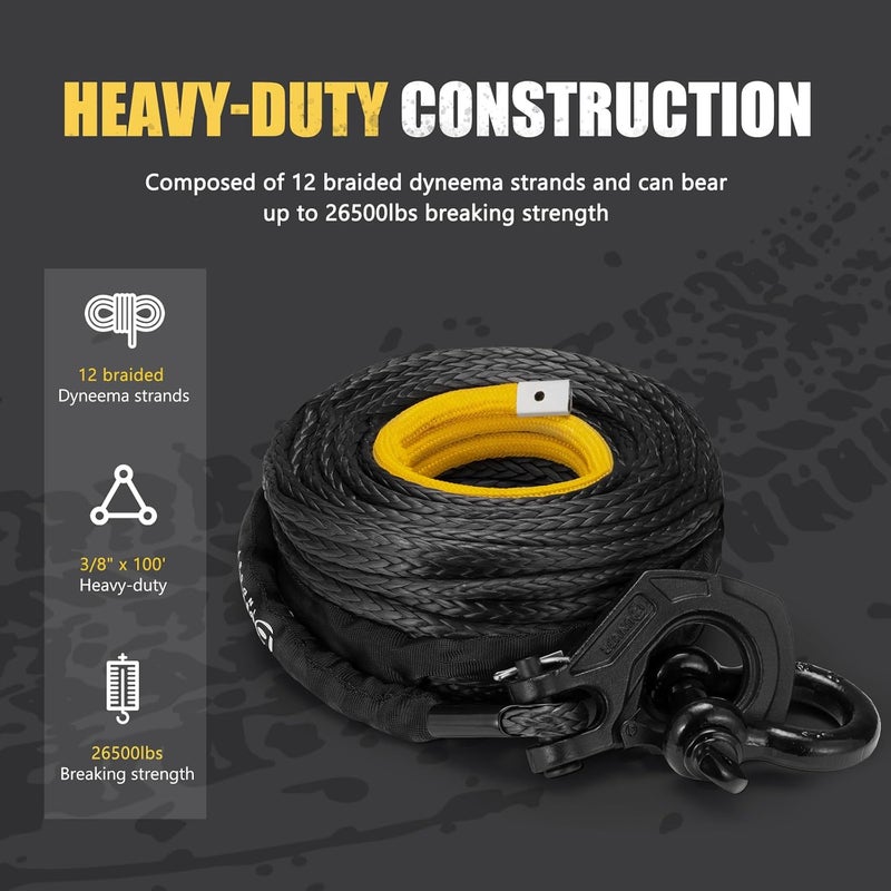 BUNKER INDUST حبل ونش صناعي + حلقة D + خطاف ونش، 100 قدم × 3/8" 26500 رطل مجموعة استبدال كابل الونش مع غلاف واقي للشاحنة، جيب للطرق الوعرة - Image 3