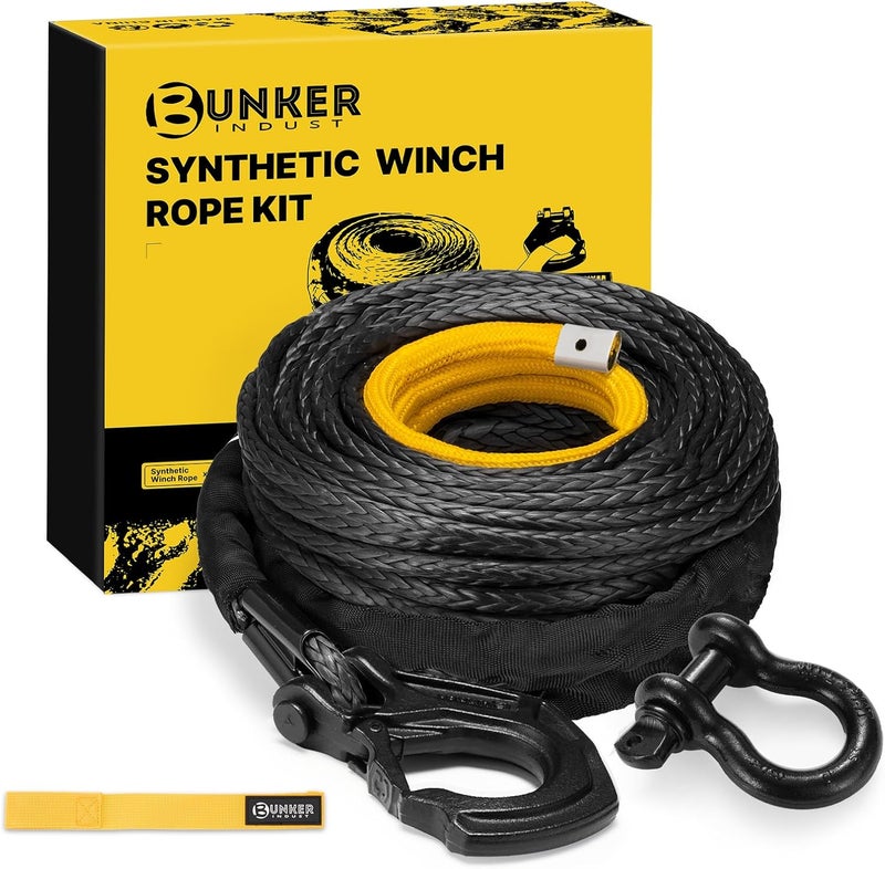 BUNKER INDUST حبل ونش صناعي + حلقة D + خطاف ونش، 100 قدم × 3/8" 26500 رطل مجموعة استبدال كابل الونش مع غلاف واقي للشاحنة، جيب للطرق الوعرة - Image 1