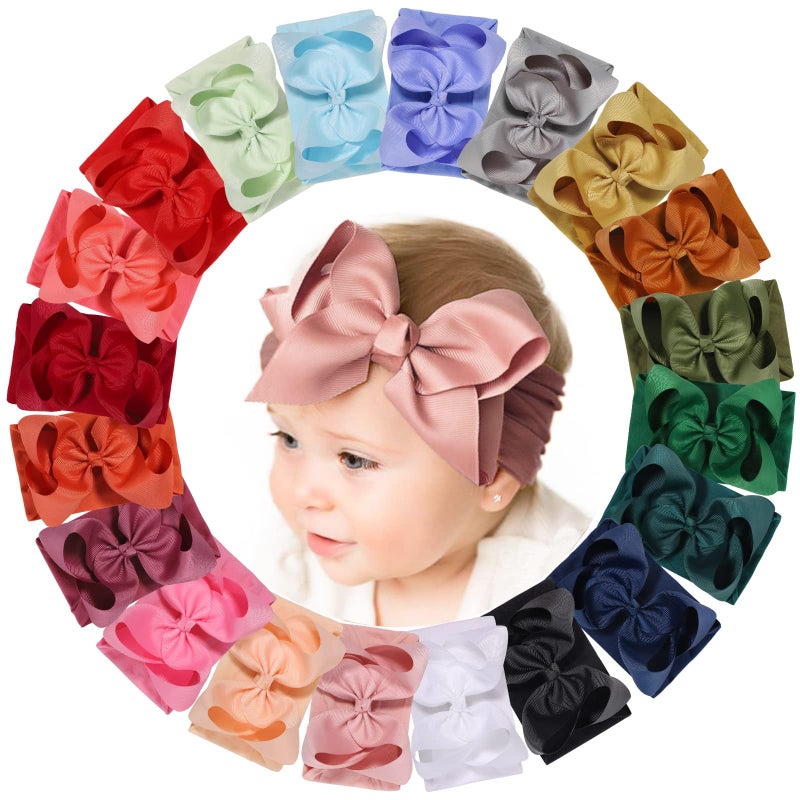 doboi Baby Girl Headbands Set 20pcs Hair Bows and Nylon Headbands Big Bows for Infant Newborn and Toddler Girls