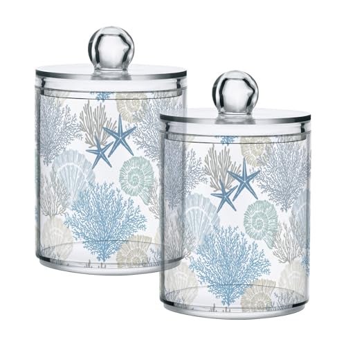 ALAZA Beach Coastal Starfish Bathroom Canister Set of 2 Seashell Coral Qtip Holder Clear Plastic Jars Holder Dispense Bathroom Organizer Storage Jars with Lids Home Decor - Image 1
