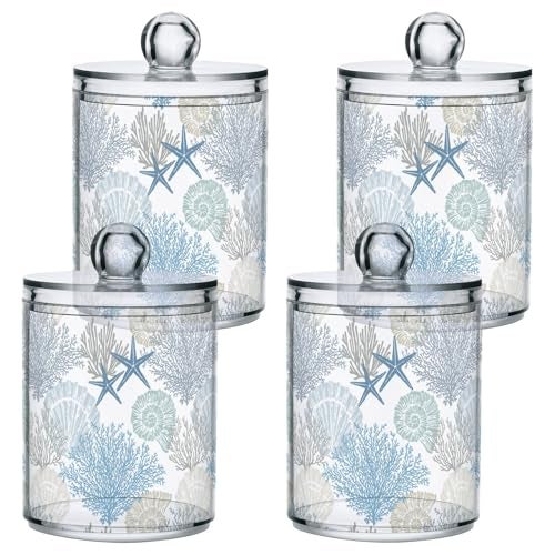 ALAZA Beach Coastal Starfish Bathroom Canister Set of 2 Seashell Coral Qtip Holder Clear Plastic Jars Holder Dispense Bathroom Organizer Storage Jars with Lids Home Decor - Image 3