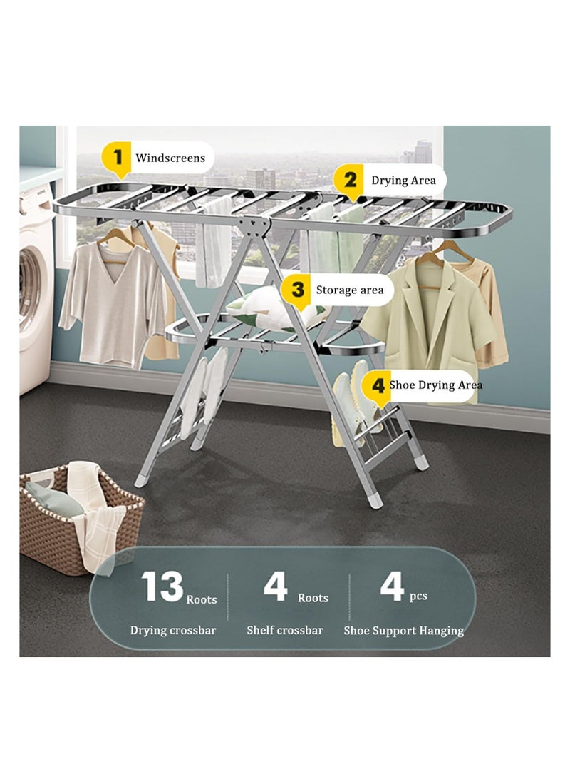 3-Level Clothes Drying Rack Foldable, Movable Drying Rack Large Laundry Drying Rack, With Height-Adjustable Wings, Drying Rack Clothing for Indoor Outdoor Drying Rack with Shoe Holder and 4 Castors