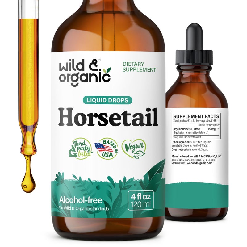 Wild Organic Horsetail Herb Tincture Hair Skin and Nails Support Liquid Horsetail Supplement Vegan Sugar AlcoholFree Leaf Extract Drops 4 fl oz
