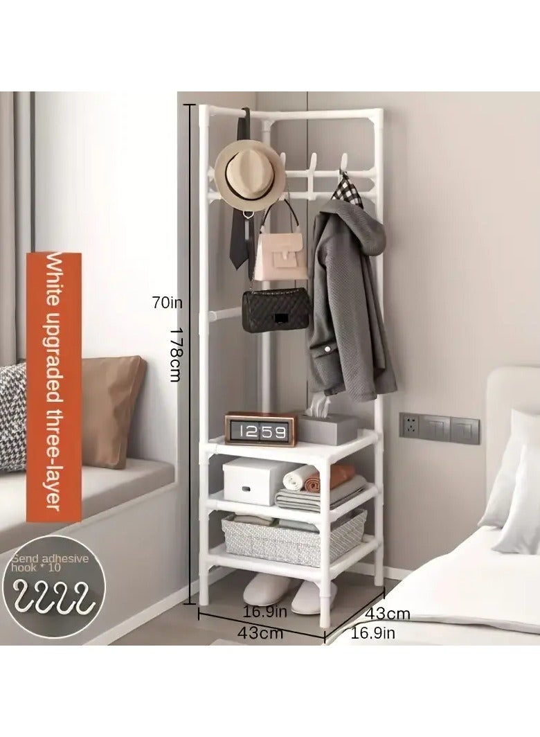 Loquat Coat rack stand for corners with hanging hooks and 3 lower shelves, space saving and corner utilization, white color, used at the entrance of the house, in the bedroom, bathroom, office, university  - Image 5