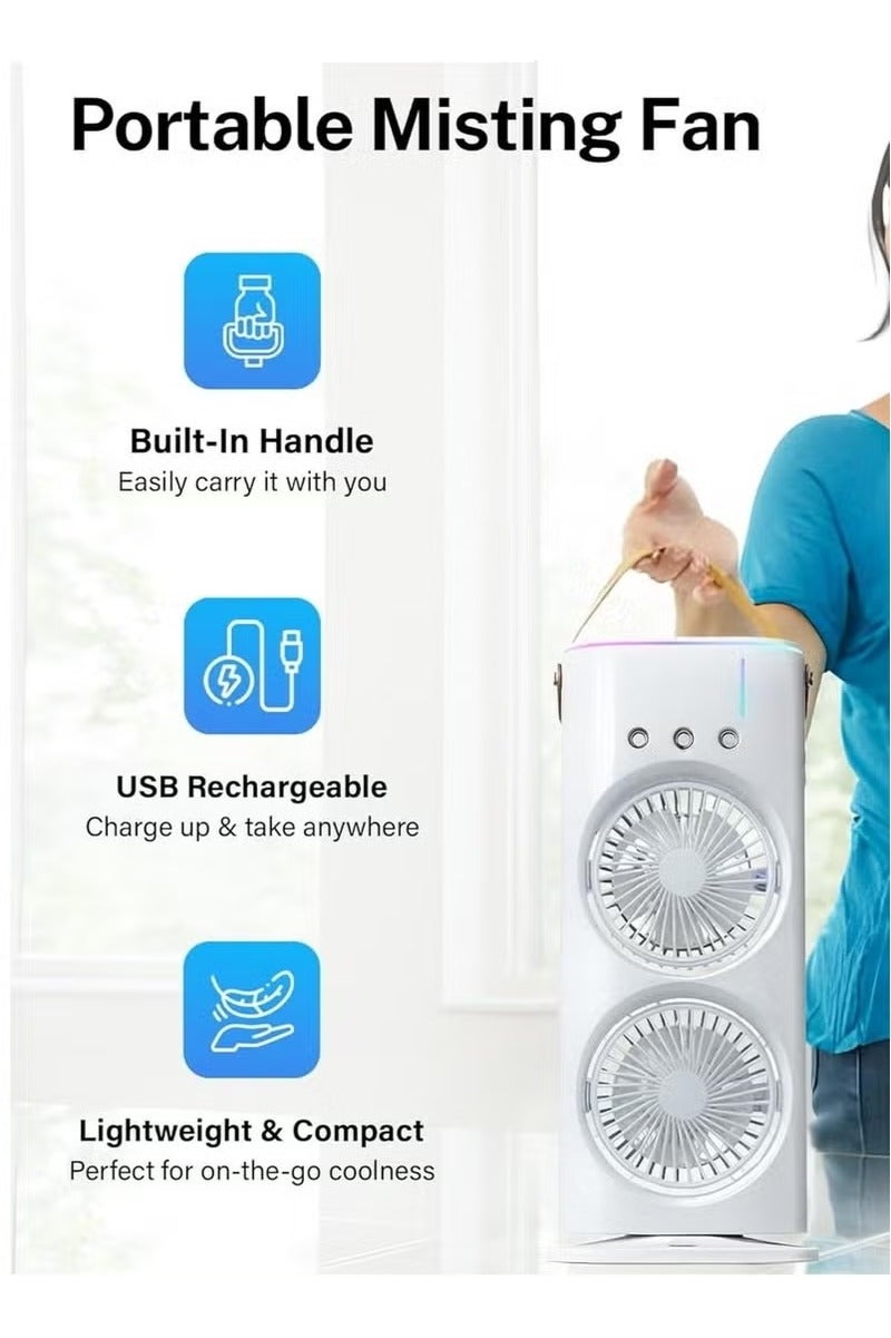Denx Rechargeable Mist Fan and Humidifier | Dual Fan Air Cooler with 280ml Water Tank, LED Lights & Remote Control – Portable Cooling Fan for Home, Office & Outdoor Use (White) - Image 3
