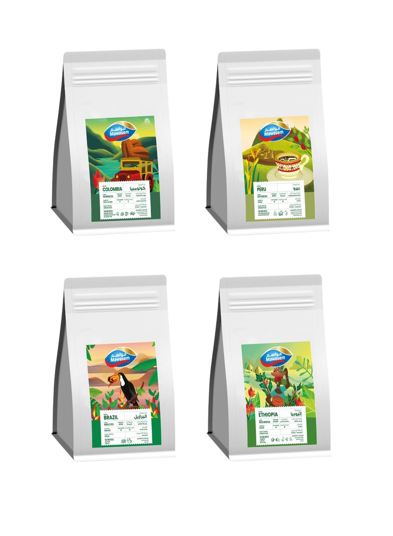 Specialty Coffee Beans Collection Bundle 100g - Pack of 4 - Brazil Rancho Estate, Ethiopia Rocko Mountain, Peru San Francisco and Colombia Rio Magdalena