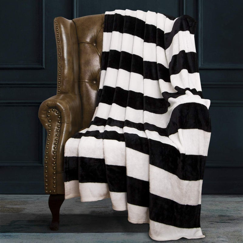 NTBAY NTBAY Flannel King Blanket Super Soft with Black and White Striped Printed Bed Blanket 108x90 Inches  - Image 1