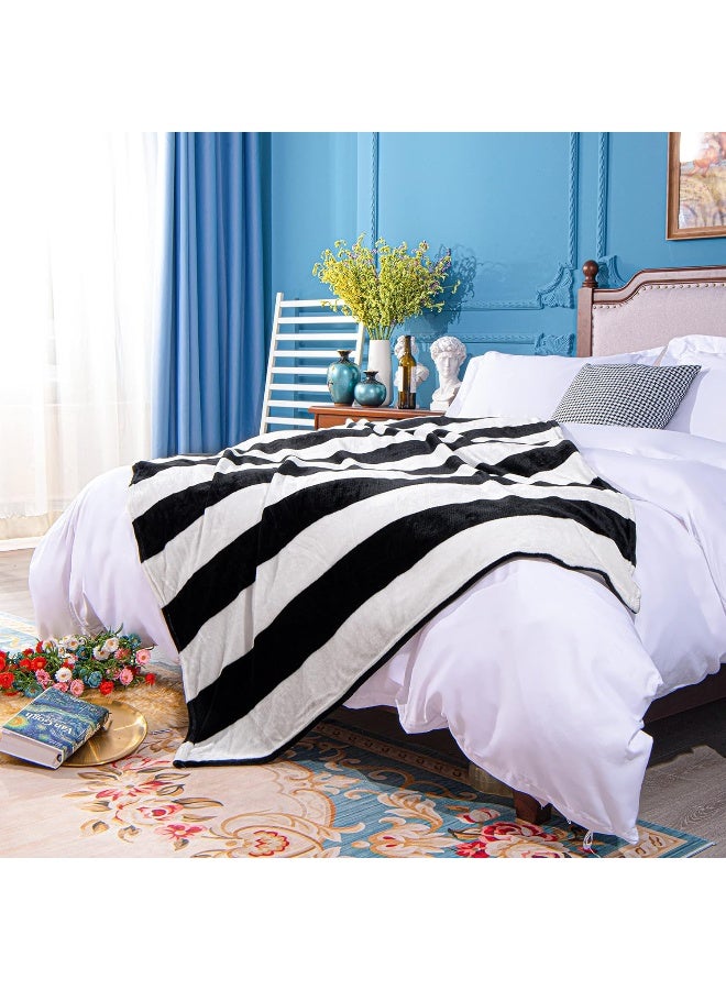 NTBAY NTBAY Flannel King Blanket Super Soft with Black and White Striped Printed Bed Blanket 108x90 Inches  - Image 4