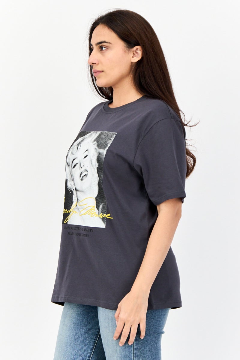 Marlyn Monroe Women Oversized Fit Crew Neck Graphic Print T-Shirt, Dark Grey - Image 2