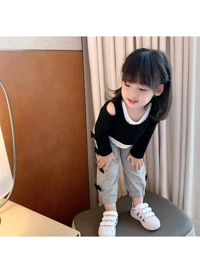 Girls' Off-shoulder Faux Two-piece T-shirt  Summer New Style Fashionable Long-sleeve Korean Casual Base Shirt For Baby Girls