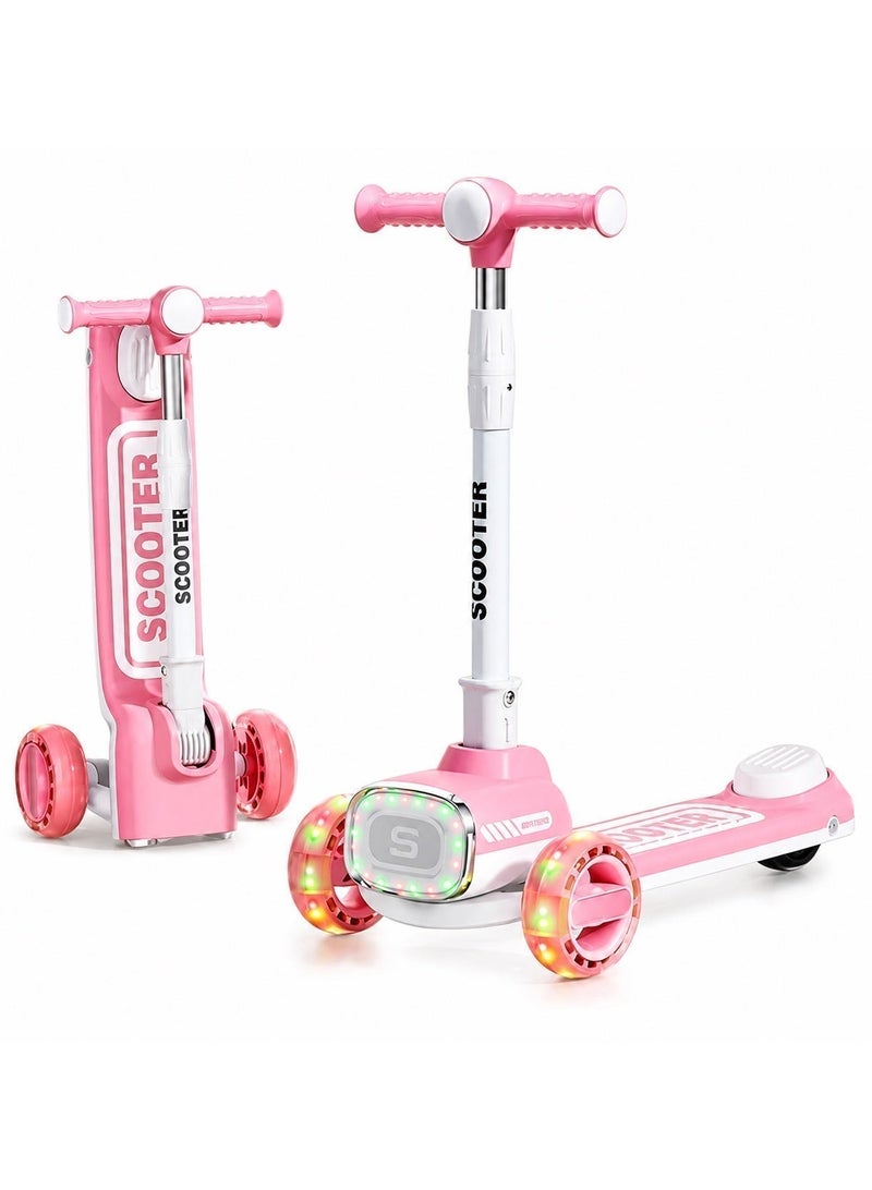 Kids 3-Wheel Scooter with LED Lights, Music & Front Headlight – Adjustable Handlebar – Rear Brake – Ages 3–12