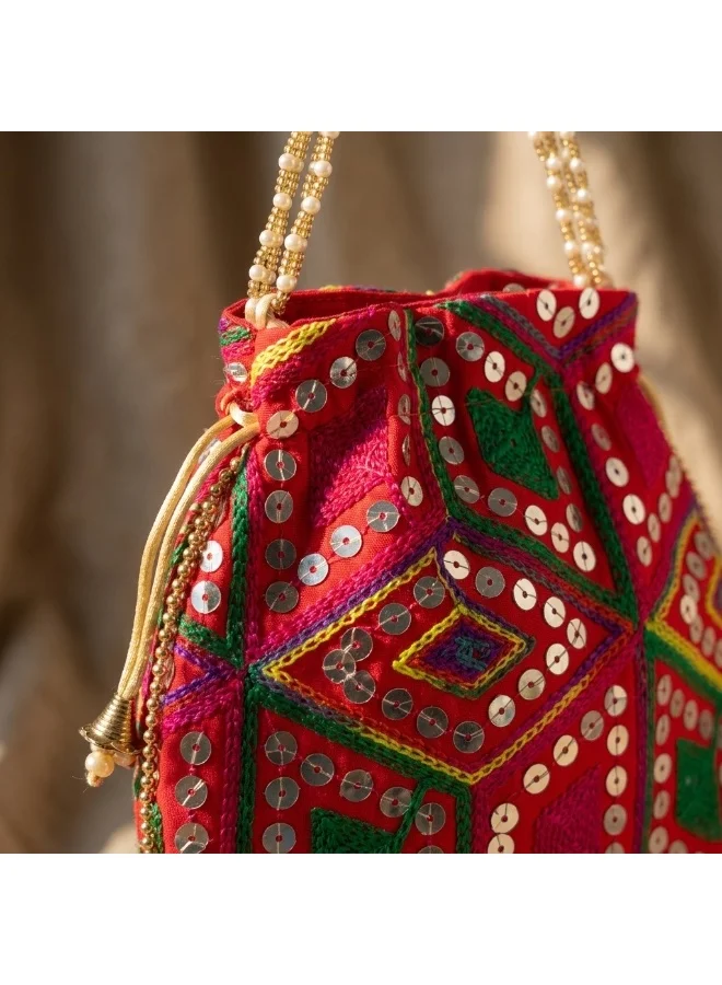 Mobcos Mobcos Red Rhombus Floral Print Potli Bag Mobcos Red Rhombus Handcrafted Indian Embroidered Mirror Work Potli Bag for Women | Premium Silk Blend Ethnic Drawstring Handbag with Pearl Handle | Wedding, Bridal, Party & Festive Purse for Women | Best Price UAE