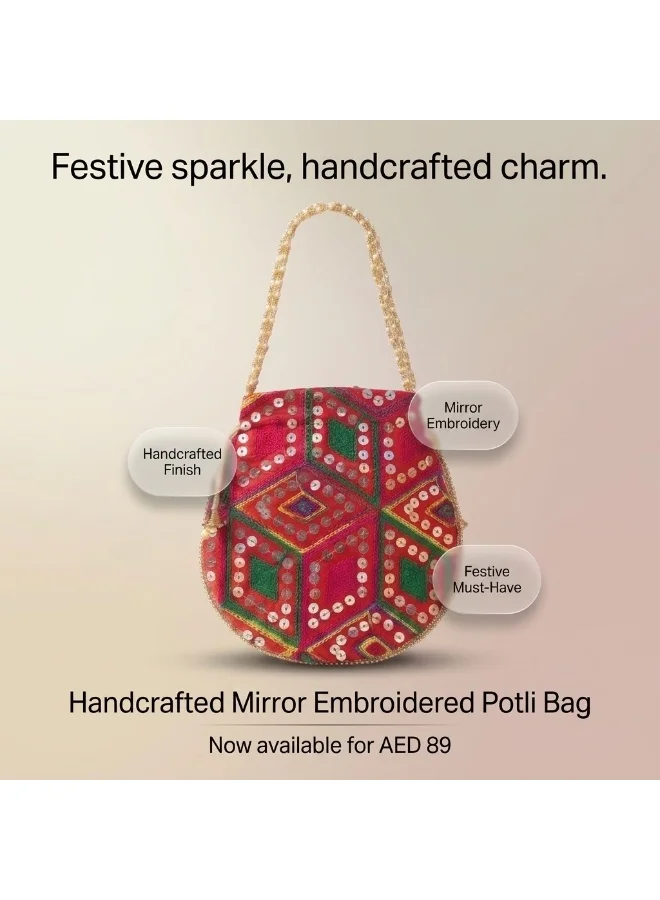Mobcos Mobcos Red Rhombus Floral Print Potli Bag Mobcos Red Rhombus Handcrafted Indian Embroidered Mirror Work Potli Bag for Women | Premium Silk Blend Ethnic Drawstring Handbag with Pearl Handle | Wedding, Bridal, Party & Festive Purse for Women | Best Price UAE