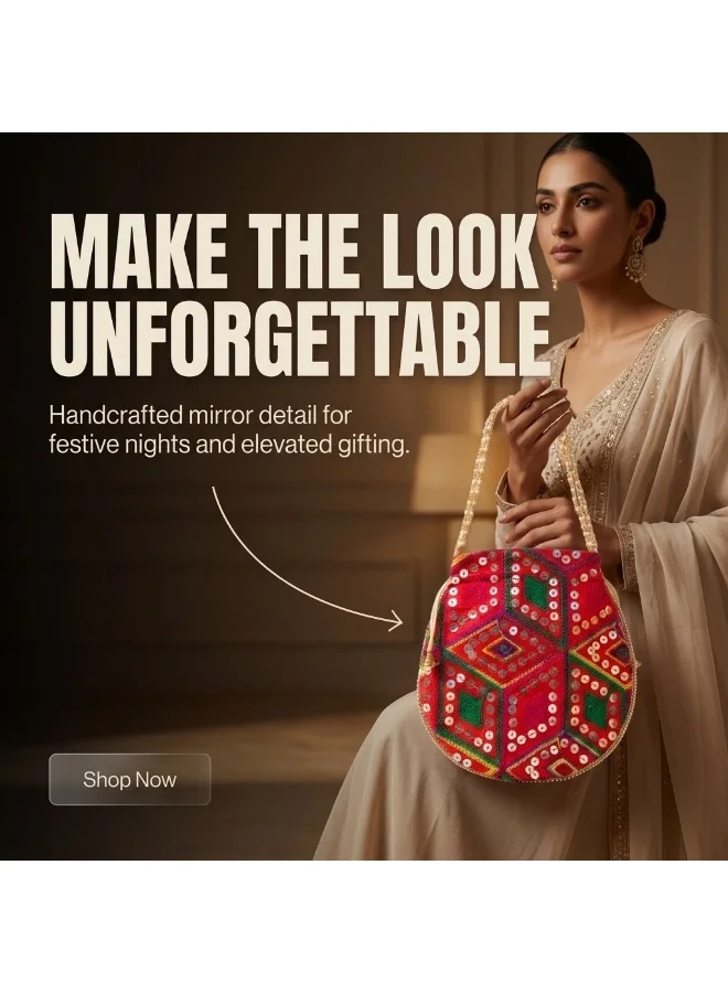 Mobcos Mobcos Red Rhombus Floral Print Potli Bag Mobcos Red Rhombus Handcrafted Indian Embroidered Mirror Work Potli Bag for Women | Premium Silk Blend Ethnic Drawstring Handbag with Pearl Handle | Wedding, Bridal, Party & Festive Purse for Women | Best Price UAE
