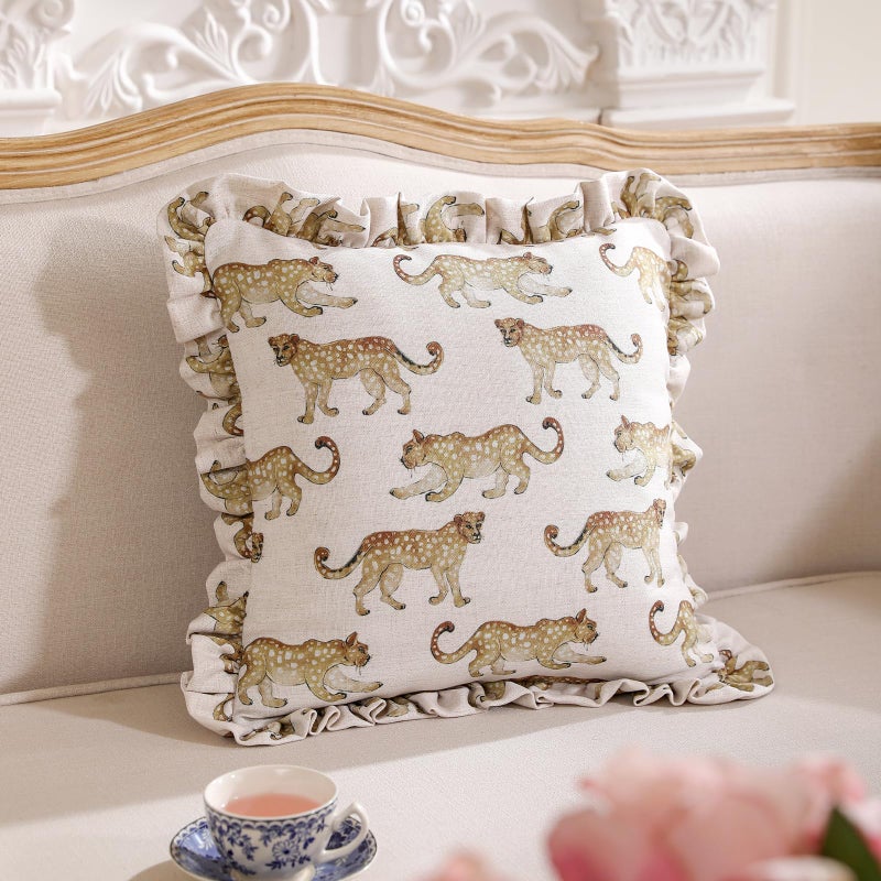 patdrea Designer Throw Pillow Covers for Couch 18"x18",Vintage Linen Pillows Cover with Cheetah Pattern and Luxury Ruffle,Farmhouse Decorative Pillowcases for Bed Living Room Outdoor Set of 1 - Image 2