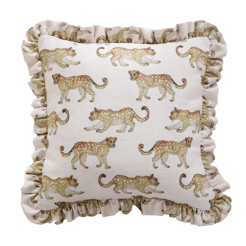 patdrea Designer Throw Pillow Covers for Couch 18"x18",Vintage Linen Pillows Cover with Cheetah Pattern and Luxury Ruffle,Farmhouse Decorative Pillowcases for Bed Living Room Outdoor Set of 1 - Image 1