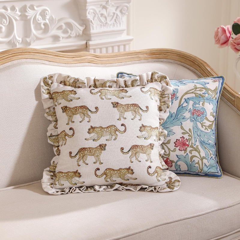 patdrea Designer Throw Pillow Covers for Couch 18"x18",Vintage Linen Pillows Cover with Cheetah Pattern and Luxury Ruffle,Farmhouse Decorative Pillowcases for Bed Living Room Outdoor Set of 1 - Image 4