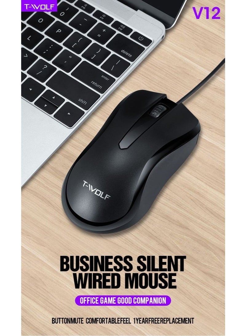 T-WOLF V12 Business Office USB Wired Mouse, practical for daily office use, with a 1000DPI optical engine for stable control and no frame loss. It can adapt to various desktop materials such as glass, cloth, leather, etc., and can be used smoothly without a mouse pad. - Image 1