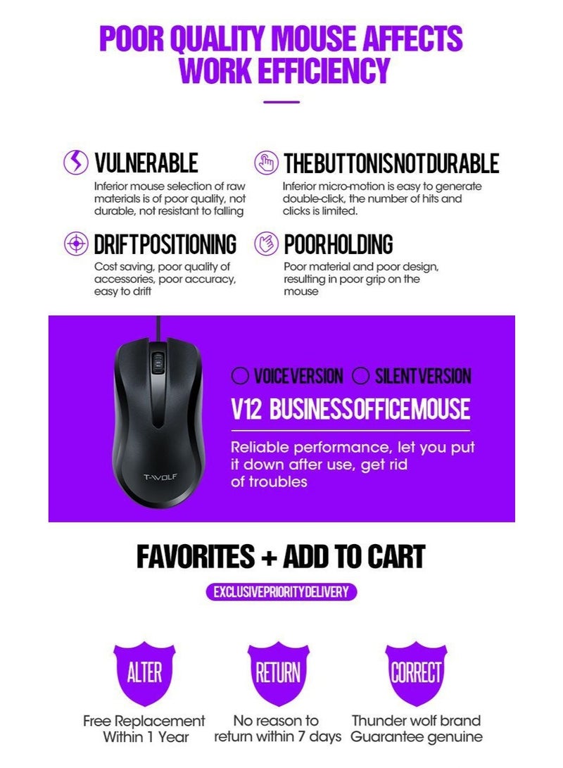 T-WOLF V12 Business Office USB Wired Mouse, practical for daily office use, with a 1000DPI optical engine for stable control and no frame loss. It can adapt to various desktop materials such as glass, cloth, leather, etc., and can be used smoothly without a mouse pad. - Image 2