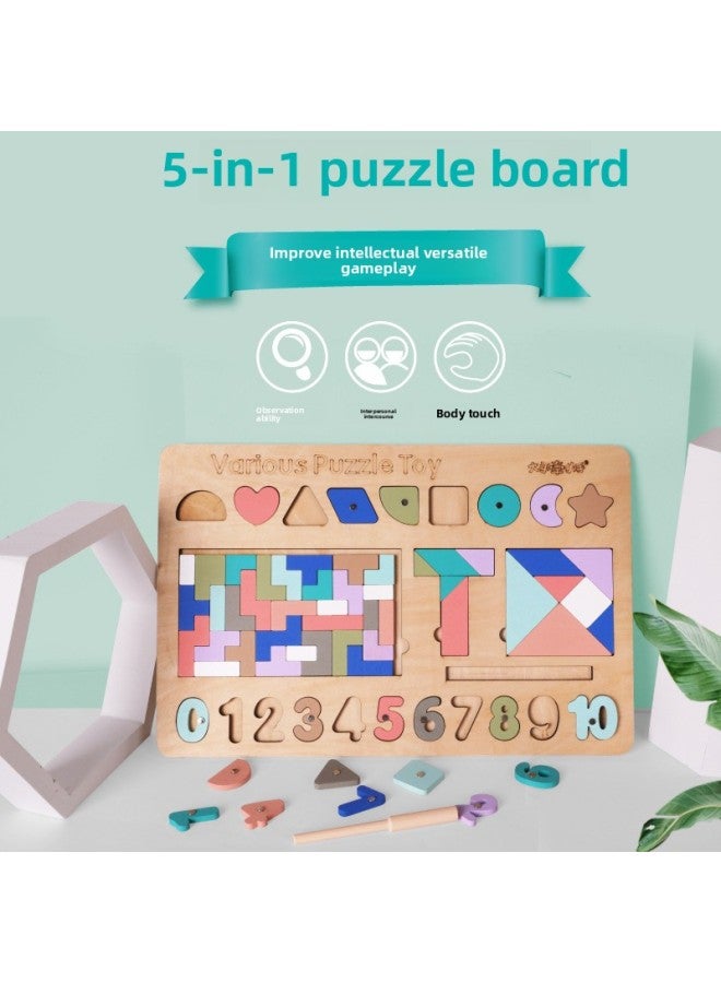 Children's Toys Kindergarten Educational Aids Five-in-one Tetris Building Blocks Jigsaw Puzzle Puzzle-Color:Five-in-one Puzzle - Image 2