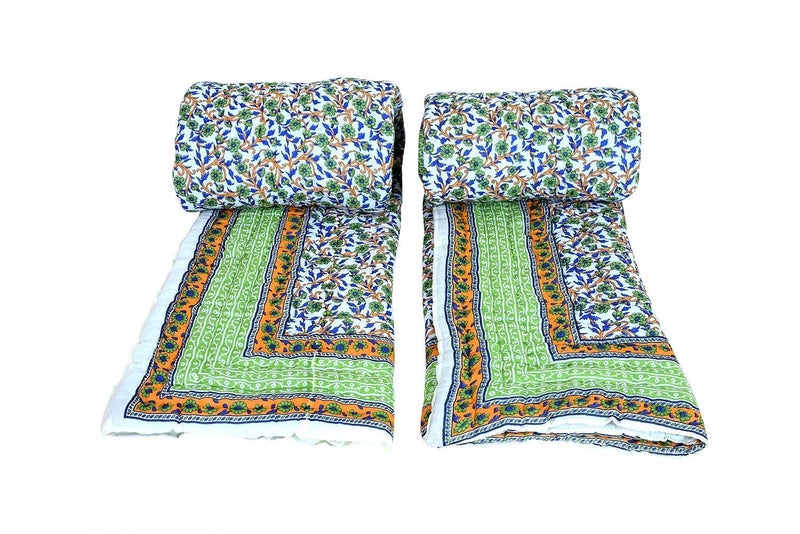 LOARSHY Pure Cotton Handmade Floral Gold Printed Quilt | Soft and Lightweight and Warm Jaipuri Rajasthani Double Bed Razai | Soft AC Quilt for Summer and Winters | Gift Item for Loved Ones - Image 1