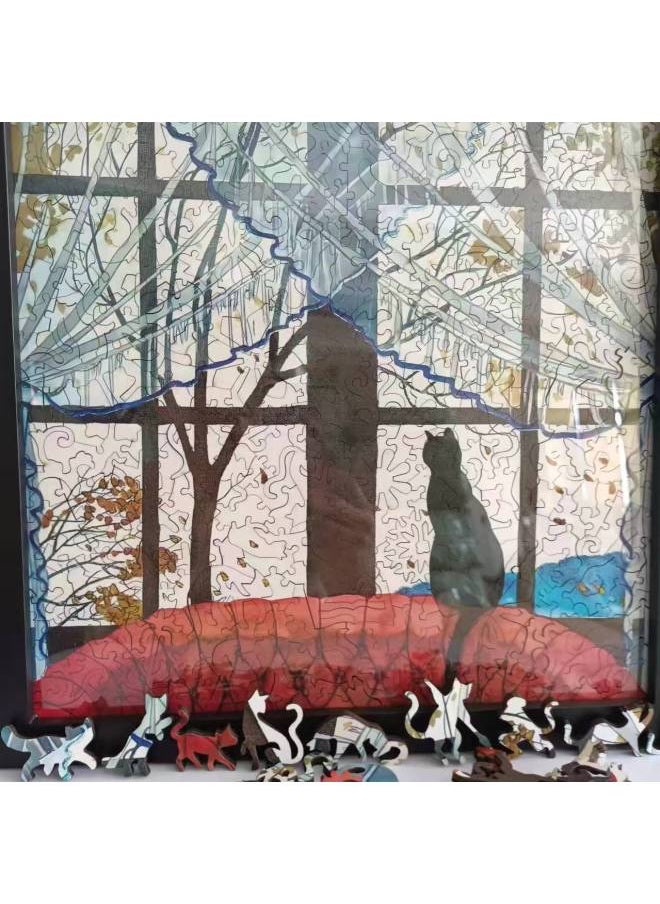 Church Cat Puzzle Cathedral Cat Alien Wooden High Difficulty Adult Version Puzzle Birthday Year Gift-Color:Window Sill Cat Special-shaped 372 Pieces) + Black Photo Frame  - Image 3