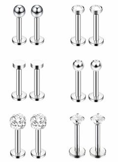 6 Pairs Stainless Steel Nose Studs Tragus Bars Labret Bars Crystal Ball Body Piercing Jewelry, Nose Lips Piercing Assorted Design Piercing Jewelry, 6 Designs, 16 Gauge